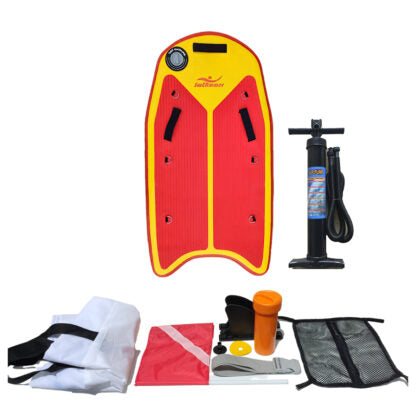 BODYBOARD DE CHASSE SOUS MARINE planche + 2 ailerons + drapeau + sac filet + pompe double flux + kit réparation.